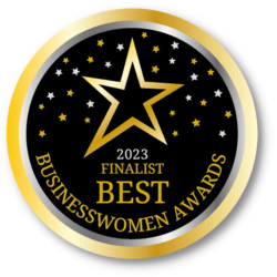 2023 Finalist badge for Best Businesswomen Awards, featuring a gold star and black background with white and gold stars, symbolizing recognition in business leadership.