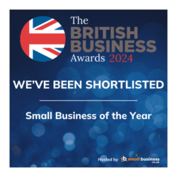 British Business Awards 2024 logo featuring a Union Jack, announcing "We've Been Shortlisted" for Small Business of the Year, emphasizing recognition in governance and compliance sectors.