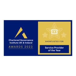 Chartered Governance Institute UK & Ireland Awards 2023 logo, highlighting "Shortlisted for Service Provider of the Year," relevant to governance and compliance discussions.