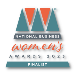 National Business Women's Awards 2023 logo, highlighting "Finalist" status, relevant to governance and compliance discussions in the context of organizational practices.
