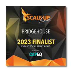 Scale-Up Awards logo featuring "Bridgehouse" as a 2023 finalist for the ESG and Social Impact Award, emphasizing governance and compliance in organizational practices.